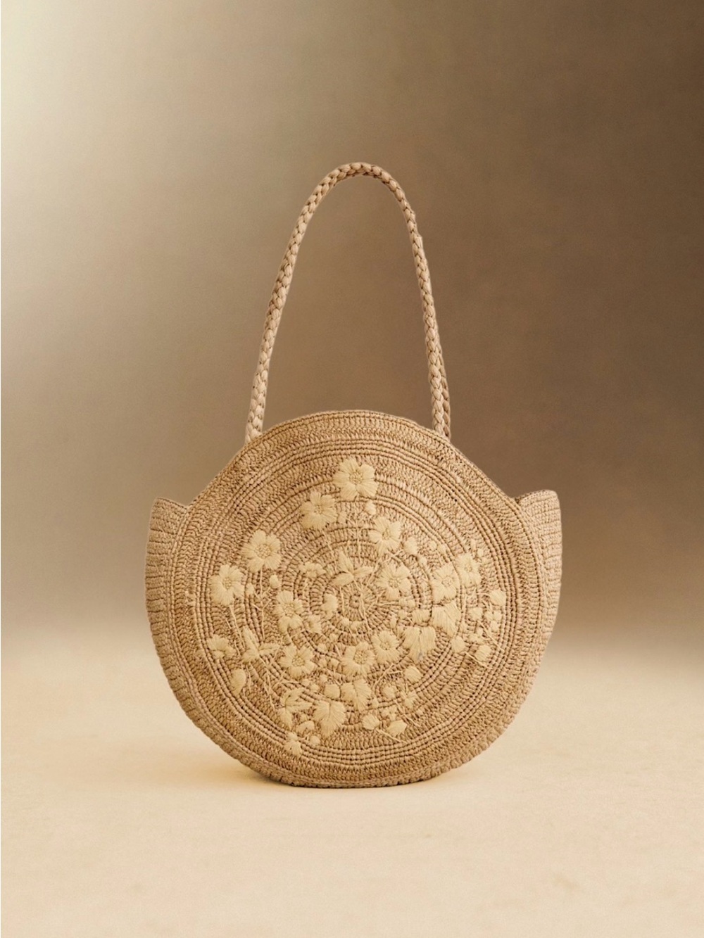Sézane June Basket Round Woven Tote with Embroidered Flowers Natural Raffia